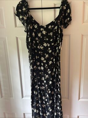 Old Navy Black Floral Midi Dress with White Blossom Print